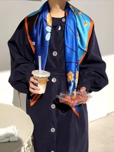 100% Mulberry Silk 34.64" Square Scarf Shawl, Blue Floral Pattern, Luxurious & Elegant, All-Season Versatile, Gift-Wrapped, Perfect Gift for Valentine’s Day, Christmas & Mother’s Day