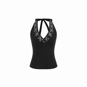 Cider Cotton-blend Floral Halter Neckline Embroidery Tank Top