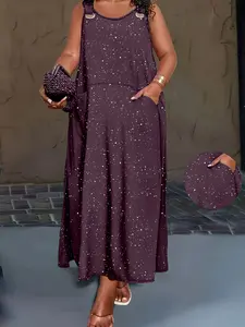 Plus Size Multicolor Sequined Sleeveless Backless Dress, Loose Fit European Style Casual Wear Pocket Long Dress for Vacation