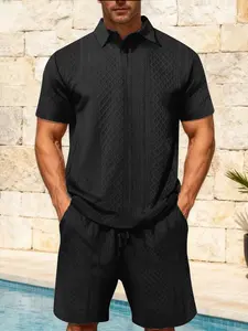 Men's Casual Fashion Solid Color Polo Short Sleeve Shorts Set, Daily Outdoor Versatile Pair, 2 Piece Pack