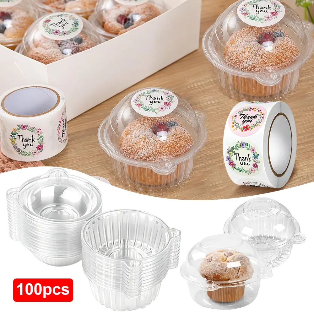 100 Pack Individual Cupcake Containers Plastic Cake Boxes Stackable Clear Plastic Cupcake Holders with Dome Lids, Single Cupcake Carriers for Cupcakes, Hot Cocoa Bombs, Muffins, Pastries