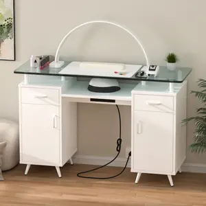 NAIYUFA 47.25" Manicure Table with Glass Top, Power Outlet, Drawers and Cabinets for Nail Tech
