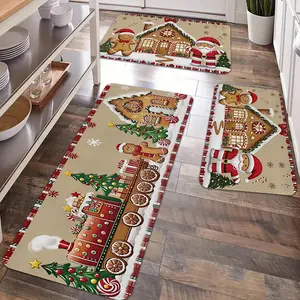 2/3pcs Christmas kitchen carpet floor mat, Decorative rug mat, cartoon gingerbread man, Christmas tree, Santa Claus pattern anti slip floor mat, flannel soft floor mat, suitable for kitchen, entrance door, bathroom, living room Christmas decoration