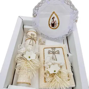 First Communion Candle Set with 8”Candle, Rosary, New Testament & Decorative Elements in Box for Boys and Girls English & Spanish Ivory