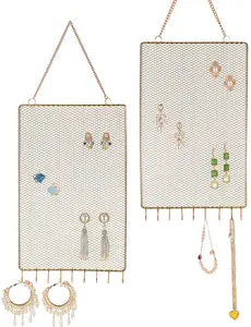 2 Pack Earring Holder Wall Mounted Hanging Jewelry Organizer Display Decorative Metal Diamond Shape with Hooks for Necklaces Bracelets