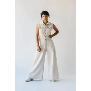 The Buller Wide Leg Washed Denim Jumpsuit in Oatmeal