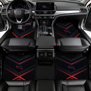 4Pcs Red and Black Geometric V-Pattern Car Floor Mats, Modern Style Car Interior Mats, suitable for the interior design of hardcore SUVs, modified cars, and other vehicle models, durable polyester fiber, suitable for various trucks and SUV models, ideal g