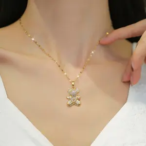 Light Luxury Temperament Gorgeous Diamond Cute Bear Necklace Women's All-Match Clavicle Necklace Heart Shaped Pendant