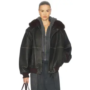 Helsa The Oversized Leather Bomber With Faux Fur Collar in Black