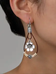 Bohemian Style Beaded Water Drop Earrings, Dual Layer Leather Cord Floral Flower Pendant, Elegant Women's Jewelry Gift for Daily Wear