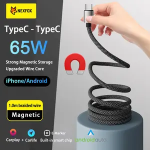 TypeC-C Magnetic Braided Data Cable 65W Fast Charging for iPhone 17 & Android - CarPlay Compatible - Type C, USB A, Lightning - 1.0m Wire Core