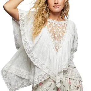 Lace V-Ruffle Textured Top – Off White