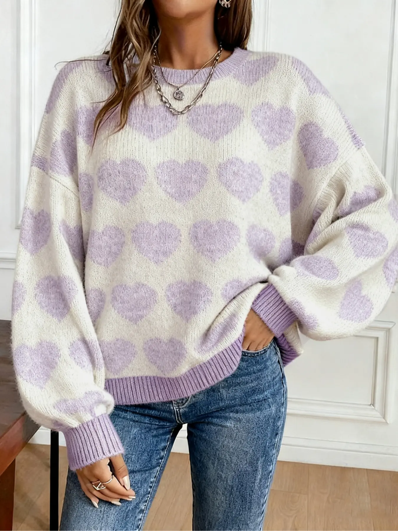 Women's Fall Winter Valentine's Day Heart Knit Sweater, Fashion Round Neck, Elegant Loose Fit, Perfect for Valentine's Day and Christmas, Knitwear