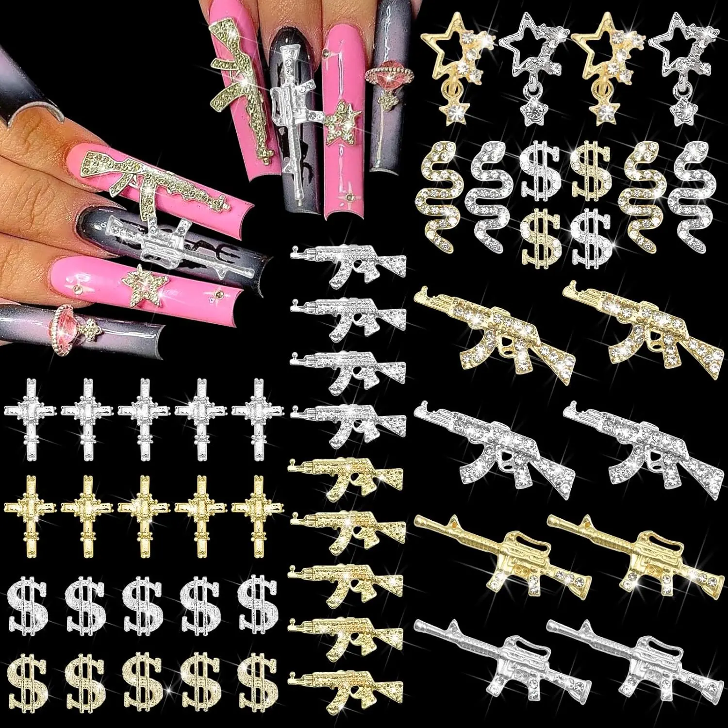 50PCS Good Quality 3D Nail Charms Set - Gun, Gold Dollar Sign, Cross, Snake Designs, Glamorous Gems for Women's Manicure, Handicrafts Accessories to Create More Different Nail Art