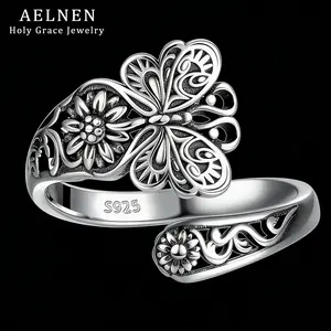 AELNEN S925-Sterling-Silver Dragonfly/Butterfly Spoon Ring - Vintage Boho Sunflower Thumb Rings Oxidized Wrap Ring Victorian Style Antique Floral Jewelry Gifts for Women