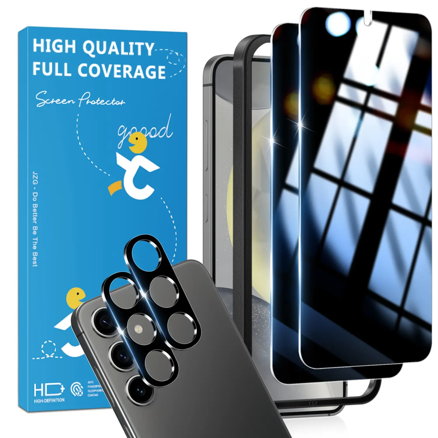 JavoYion 2-Pack Privacy Screen Protector + 2-Pack Camera Protector for Samsung Galaxy S24 - 9H Tempered Glass, Fingerprint Compatible, Anti-Spy