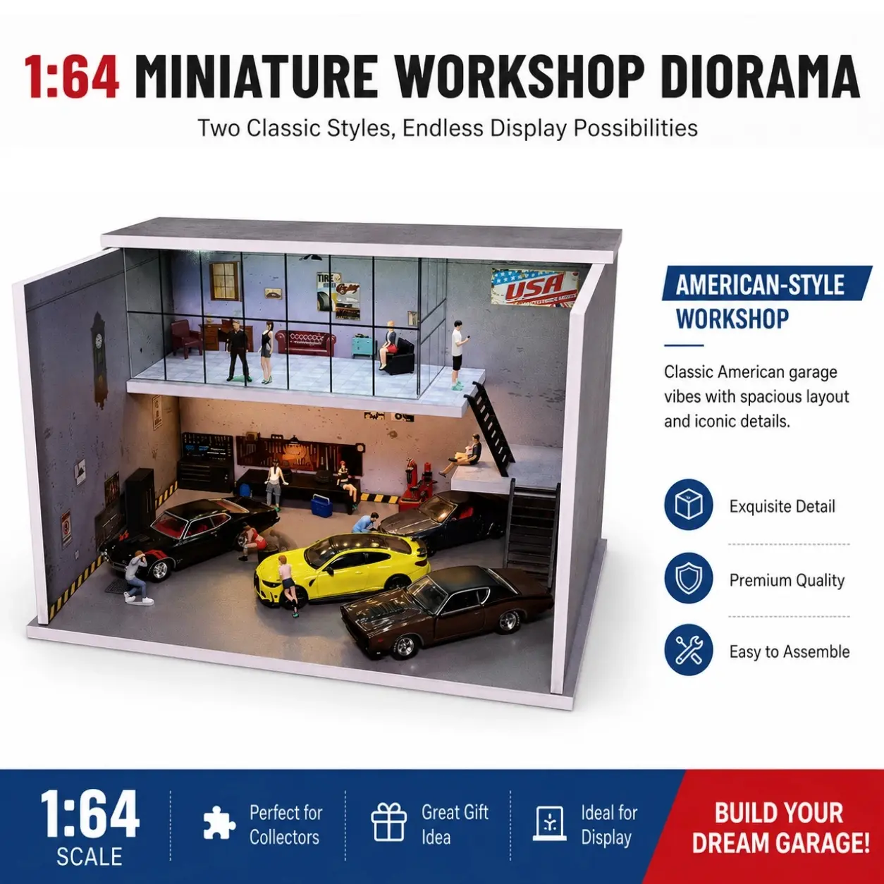 Diorama 1/64 Double Garage Repair Shop American Building Scene Models Service Workshop Diecast Car Collection Display 3 Lighting Colors Gift Car Enthusiasts