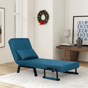Sleeper Chair Bed for Adults, Chaise Lounge Chair Indoor, Convertible Chair Bed with 5-Position Adjustable Backrest & Pillow, Cozy Single Futon Sofa Bed for Small Spaces, Office (Azure Blue)