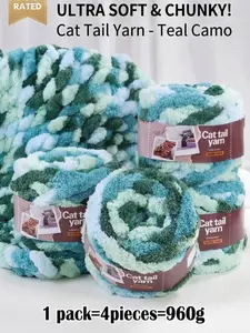 4 pc Teal Camo Cat Tail Chenille Yarn (960g) - Super Chunky Ultra Soft Finger Knitting Yarn for DIY Blankets