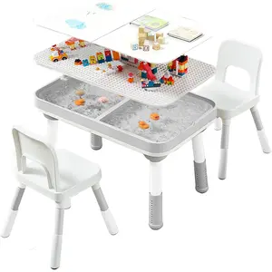 5-in-1 Height-Adjustable Kids Table and 2-Chair Set with Storage, Indoor Pedestal Table for Building Blocks & Dining, Toddler Activity Furniture (Light Gray)