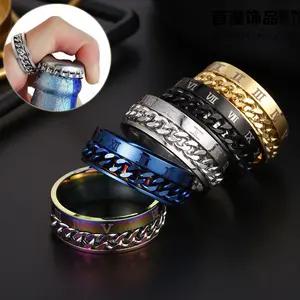 Roman Letter Rotatable Chain Rings for Men, Digital Titanium Steel Spinner Ring, Couple Matching Jewelry, Multifunctional Bottle Opener Ring, Punk Style High Quality Anti-Stress Fidget Ring, Perfect Gift for Him