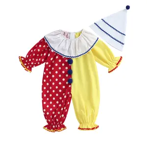 FOCUSNORM Toddler Baby Clown Costume Boy Girl Funny Halloween Outfit Contrast Color Long Sleeve Jumpsuit with Hat