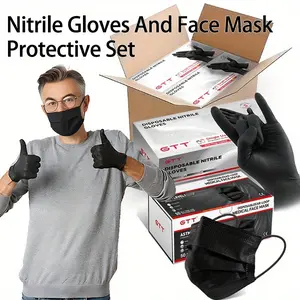 GTT Disposable Black Nitrile Gloves & 3-Layer Face Mask Set, 100 Pieces, Food-Grade, Extra-Thick, Oil-Proof, Stain-Resistant for Pet Grooming, House Cleaning