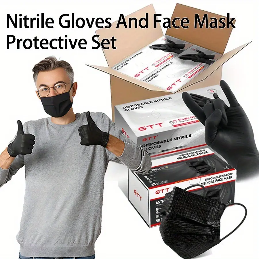 GTT Disposable Black Nitrile Gloves & 3-Layer Face Mask Set (100 Gloves+50 Masks) - Food-Grade, Extra Thick, Oil-Proof, Stain-Resistant Non-Latex Gloves for Cleaning, Kitchen Household Items, Nail Care