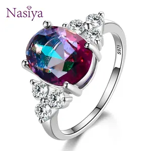 FASHION - Women's Jewelry S925 Silver Rings White Pink Light Blue Champagne Zircon Oval Wedding Ring