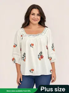 Plus Size Women's Lace Trim Woven Lightweight Lantern Sleeve Floral Top, Elegant Feminine Casual Blouse Shirts for Spring & Fall, Comfortable Fit, Stylish Design, Womenswear