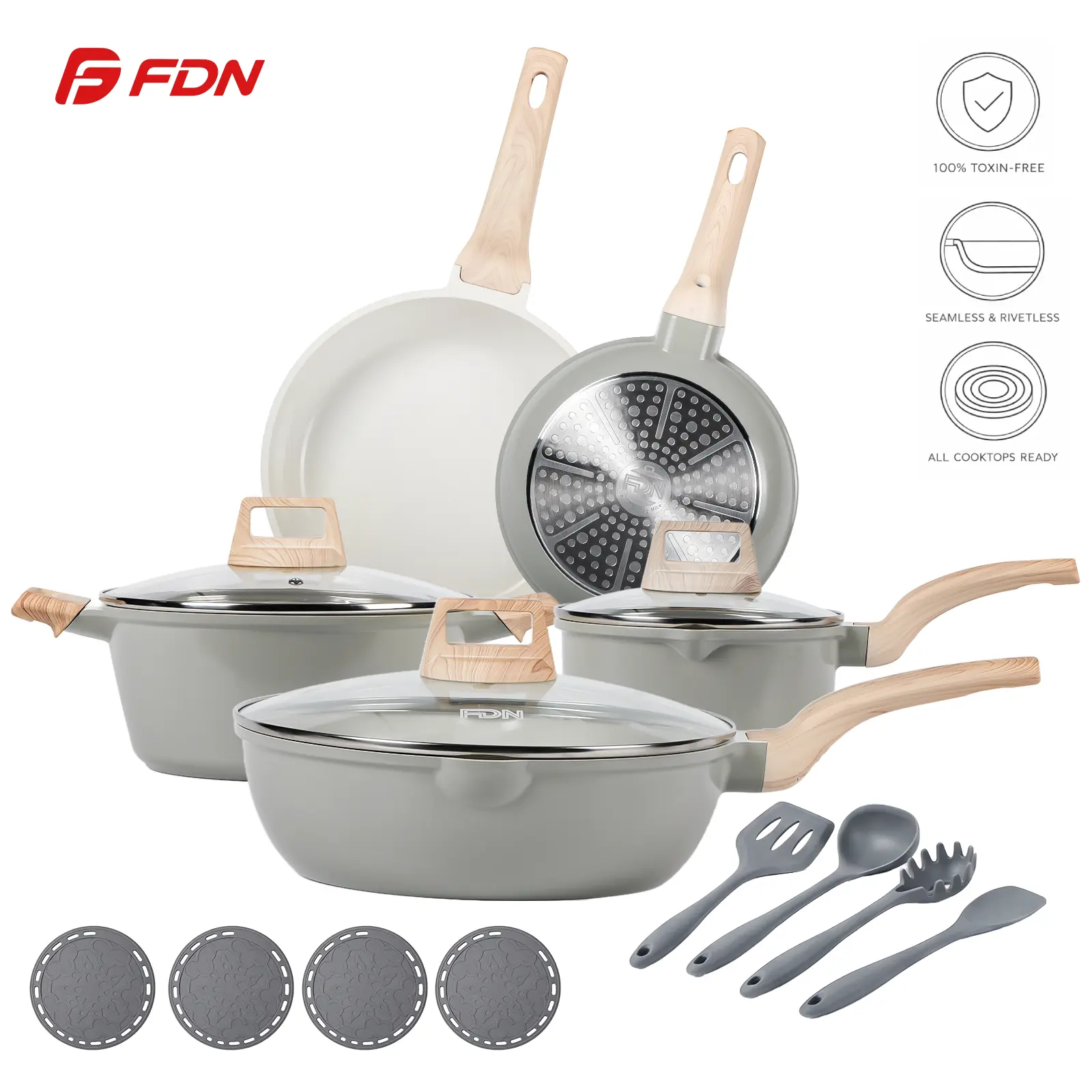 FDN 16-Piece Aesthetic Kitchen Cookware Collection, Non-Toxic Ceramic Granite Aluminium Pots and Pans Set, Induction Safe Professional Cooking Set for Apartment with 24cm Fry Pan Lid & Utensils, Varied Sizes