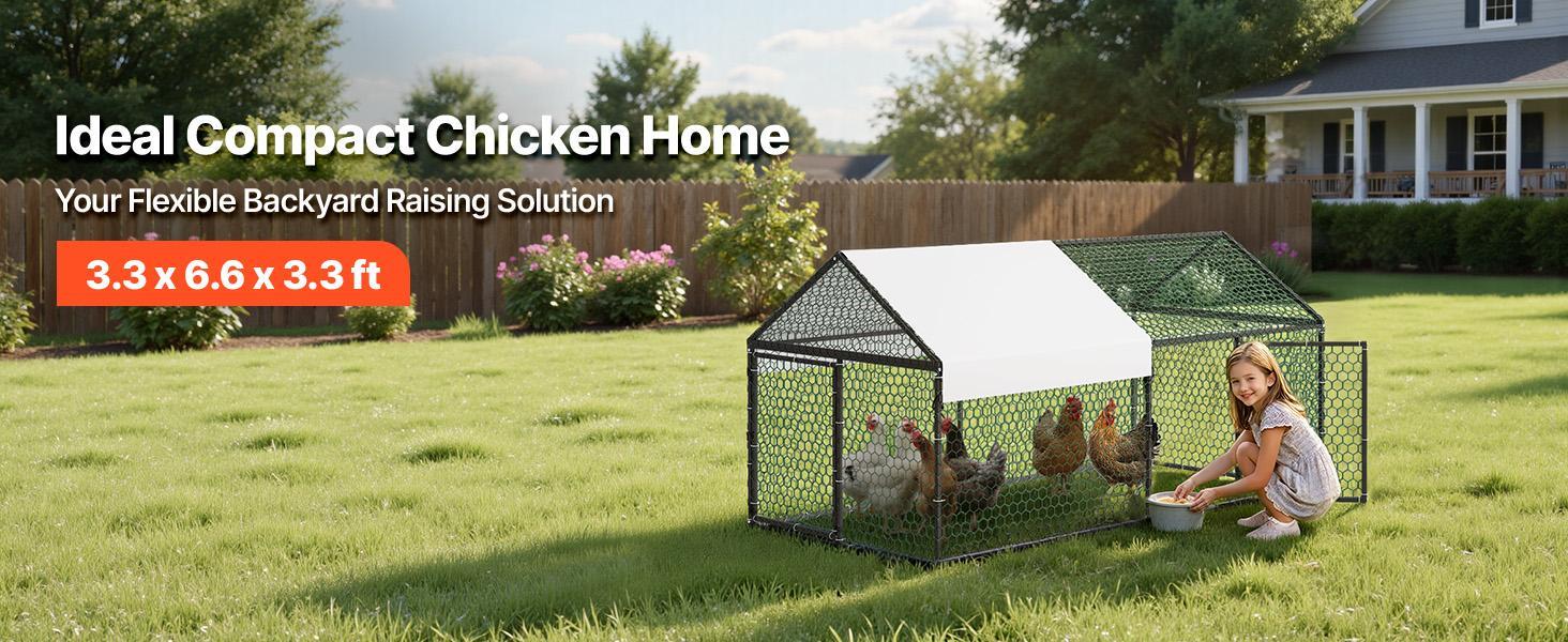 VEVOR Metal Chicken Coop for 4-6 Chickens, 3.3 x 6.6 x 3.3 ft, Small Chicken Cage with Waterproof Cover & Double Doors, Spire Roof Poultry Run Compatible with Wooden Coops, for Rabbit Hen Goose Duck