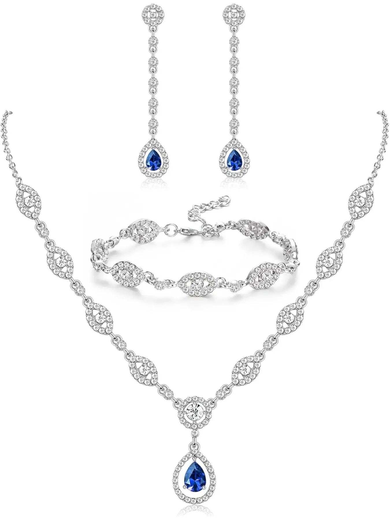 Wedding Bridal Jewelry Set For Women Silver Prom Costume Jewelry Sets Rhinestone Teardrop Necklace Earrings Bracelet Bridesmaid Jewelry Accessories Blue Silver Red Rose Gold Elegant Jewelry Set Matching Jewelry Set Bejeweled Kit