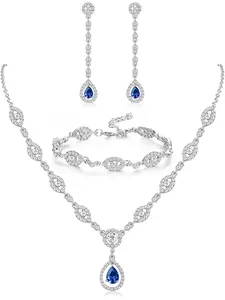 Wedding Bridal Jewelry Set For Women Silver Prom Costume Jewelry Sets Rhinestone Teardrop Necklace Earrings Bracelet Bridesmaid Jewelry Accessories Blue Silver Red Rose Gold Elegant Jewelry Set Matching Jewelry Set