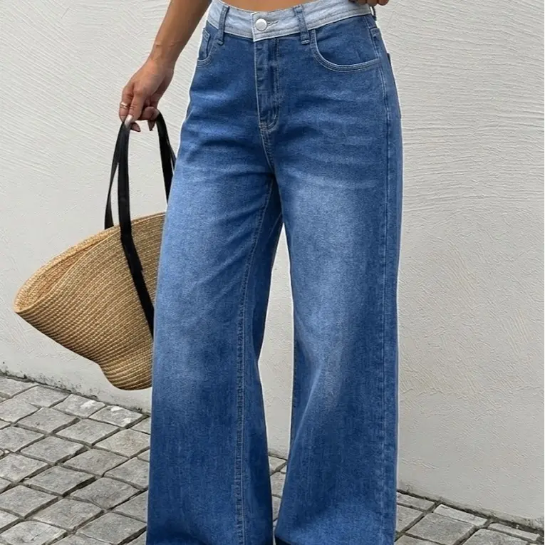 Women High Waist Color Block Waist Wide Leg Denim Jeans Medium Blue Wash Casual Jean Pants