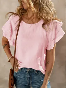 Crinkled Cotton Gauze Ruffle Sleeve Blouse, Made of 100% Cotton Material With A Trendy Crinkled Texture.