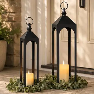 Candle Lanterns Decorative Indoor: 24'' 20'' Front Porch Outdoor Decor 2 Pcs Large Rustic Black Metal Floor Lantern for Tall Fireplace Mantel Room Garden Patio Decor