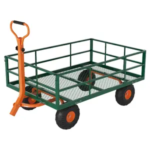 Heavy Duty Steel Garden Cart, Garden Wagon Cart On Wheels, Outdoor Metal Yard Utility Wagon Carts  w/Adjustable Handle & Removable Sides(Convert to Flatbed)