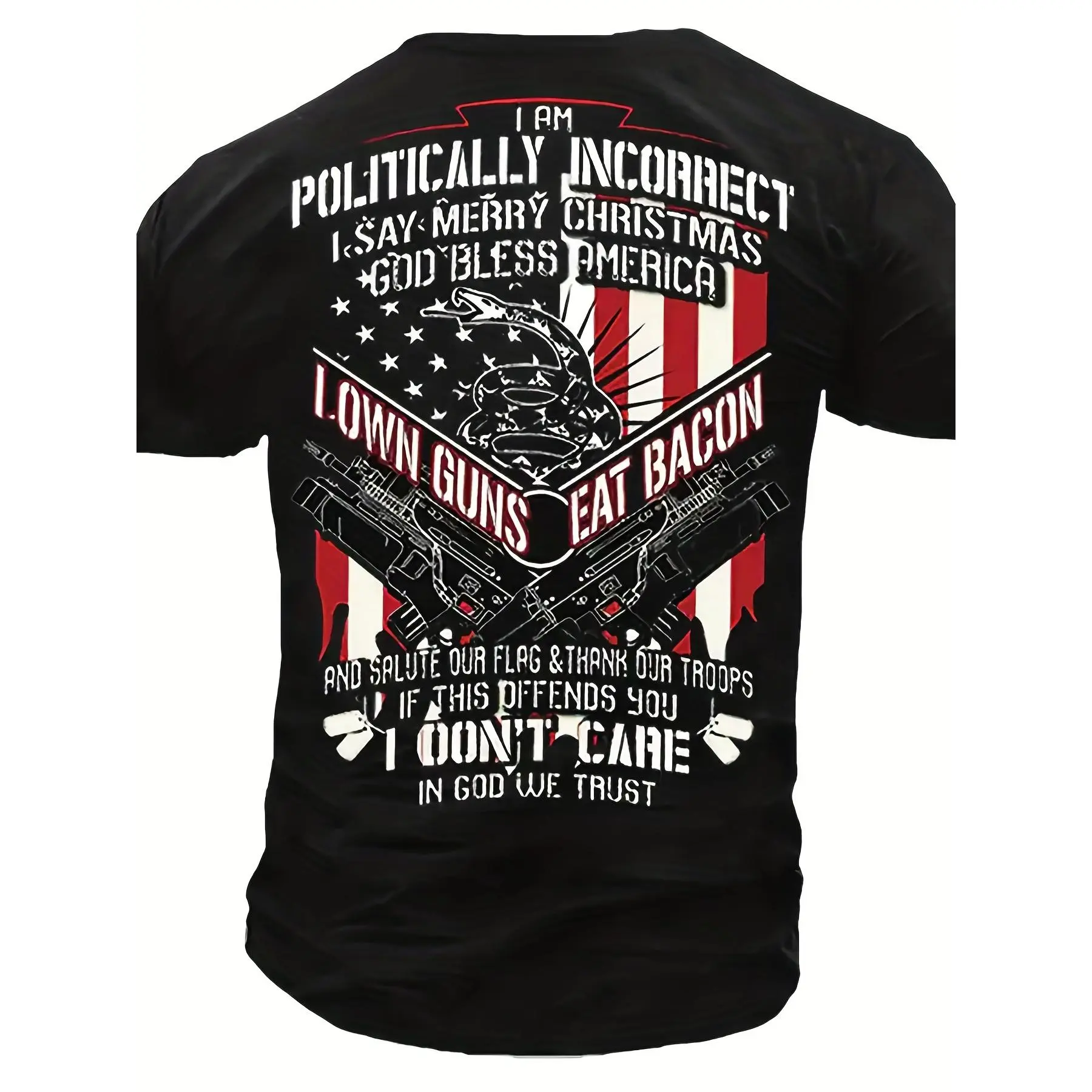 Men'S Vintage Patriotic Bacon & Guns Graphic T-Shirt - Funny 2A Rights & Bacon Lovers Design, Red White & Blue Flag Print, Short Sleeve Round Neck Casual Tee for Casual Attire, 2A Events & BBQ Parties, Comfortable All-Season Fit, Bacon-Themed Gun Ri