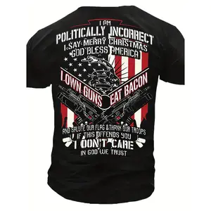 Men'S Vintage Patriotic Bacon & Guns Graphic T-Shirt - Funny 2A Rights & Bacon Lovers Design, Red White & Blue Flag Print, Short Sleeve Round Neck Casual Tee for Casual Attire, 2A Events & BBQ Parties, Comfortable All-Season Fit, Bacon-Themed Gun Ri