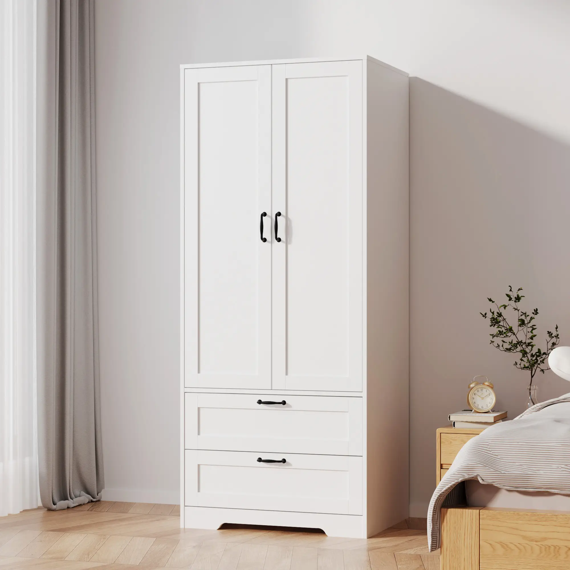 Armoire Wardrobe Closet with 2 Drawers, Modern Wooden Bedroom Armoire with Doors, Clothing Storage Cabinet with Hanging Rod,for bedroom