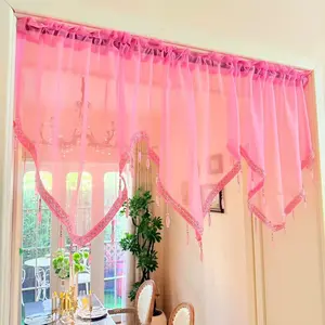 Romantic Heart Lace Fringe Beaded Curtain, Princess Style Bedroom Door Curtain, Wedding Party Decoration Short Window Curtains, Home Decoration Curtain, Net Curtain Window