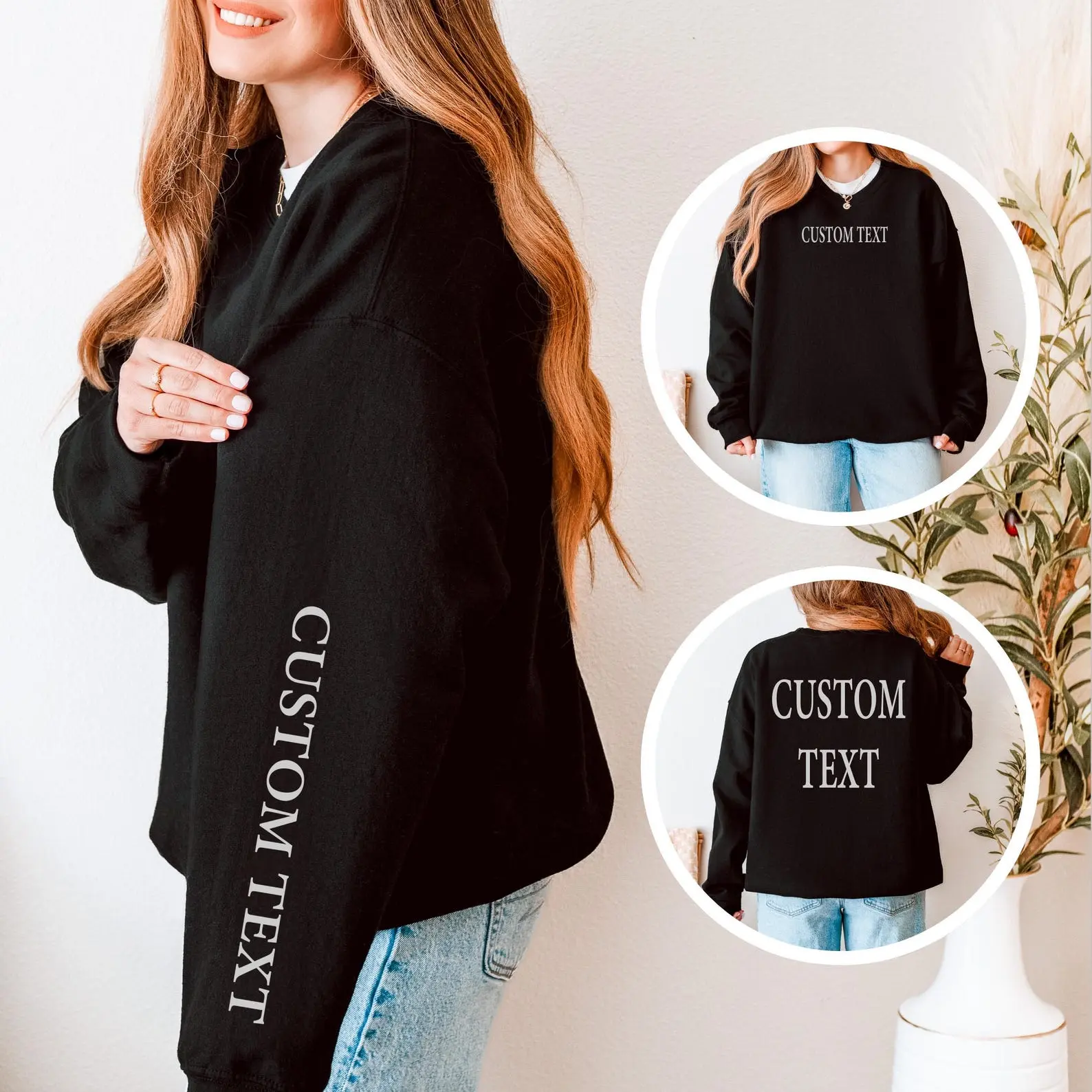 Custom Front Back Sleeve Sweatshirt, Personalized Crewneck, Custom Text Hoodie, Logo or Name on Sleeves, College Letters Sweater