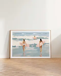 Aerial Surfer Girls Poster, Preppy Coastal Ocean Art Print, Coquette Pink Blue Summer Beach Wall Decor, Minimalist Beachy Aesthetic Artwork