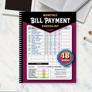 48 Months Financial Bill Record Book, Monthly Household Expense Tracker, Budget Management Guide, Color Coded Sections, Paper Cover