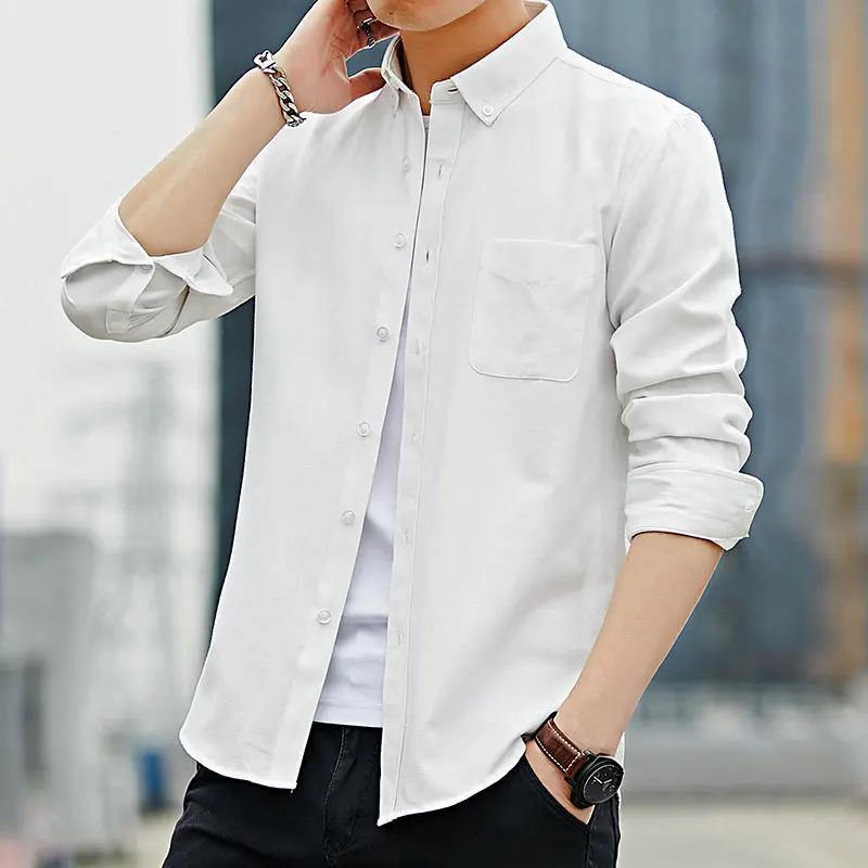 Autumn Oxford spinning men's long sleeved white shirt loose casual jacket Korean version trendy and handsome long sleeved lining clothes workwear shirt long sleeved men's jacket spring and autumn pockets pure cotton high-end white shirt jacket
