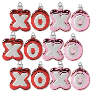 Lillian Vernon XOXO Blown Glass Valentine’s Day Ornaments - Handcrafted Hanging Tree Decorations, Valentine's Day XOXO Holiday & Party Decor, Red & Pink Design, 12-Piece Set Glitter
