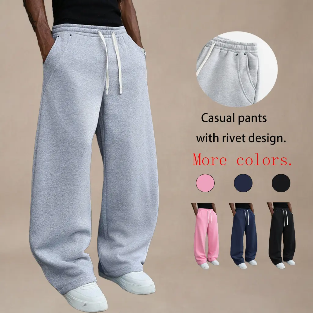 Men’s solid-color fashion athletic pants, a versatile style suitable for year-round wear, perfect for autumn and winter.Wide straight-leg fit, casual street dance pants, comfortable winter loungewear pants, plus-size casual sports pants with studded desig