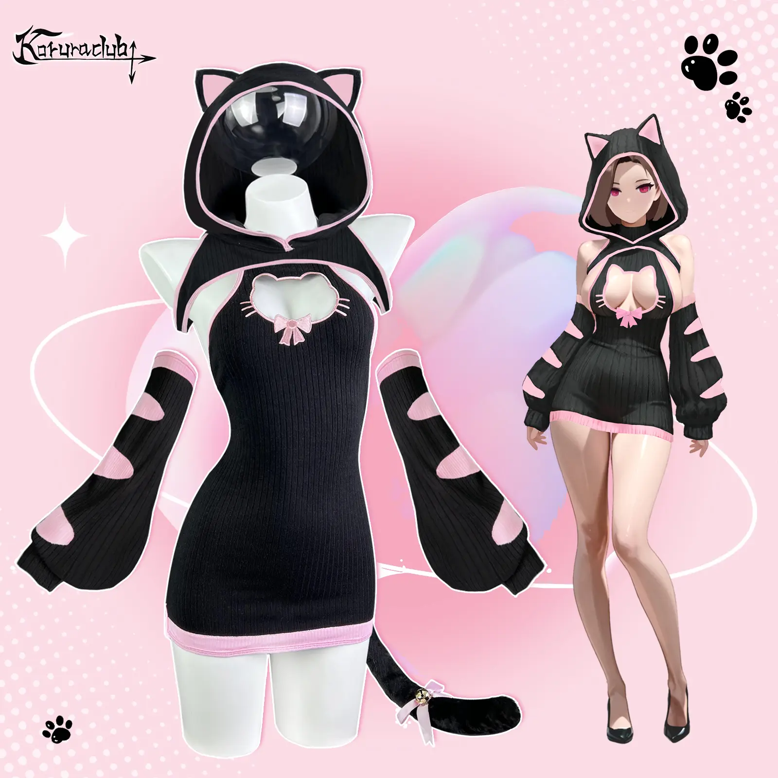 KORURACLUB Women's Cute Tabby Cat 3-Piece Cosplay Set - Heart Cutout Hoodie, Matching Gloves, Tail, Bow - for Halloween s, Unique Costume Ideas, My Halloween Costume