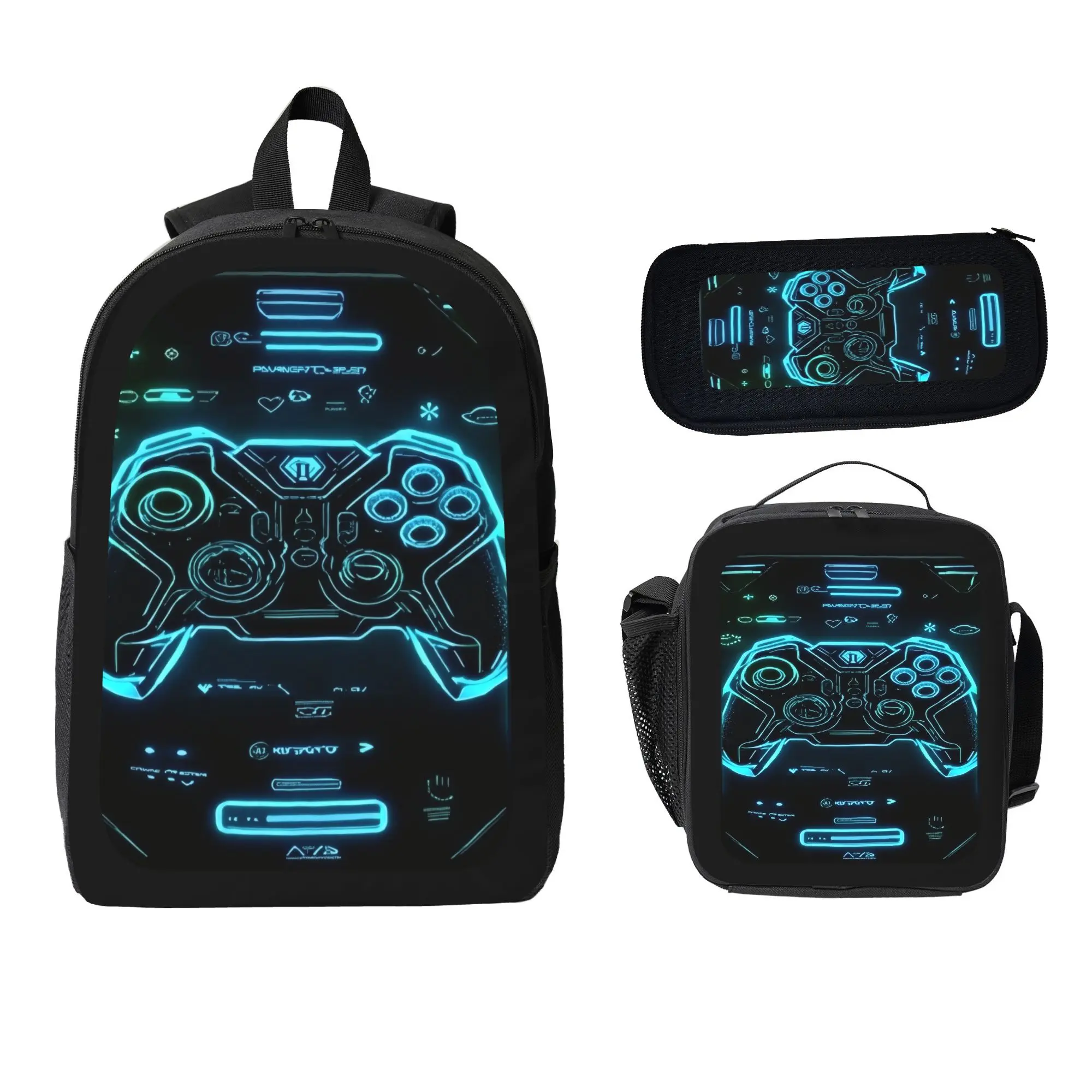 Black 3-Piece Anime Graphics Gaming Controller Gym Backpack Set - Back to School Haul for School-Goers Teens, with Crossbody/Shoulder Bag, Pencil Case, Padded Straps, Lightweight Daily Travel Use, Graphic, Gaming Controller Backpack, Anime School Book Bag